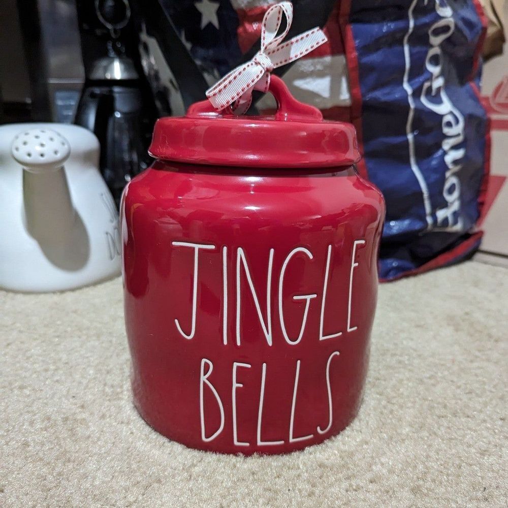 Rae‎ Dunn JINGLE BELLS Red Ceramic Chubby Canister